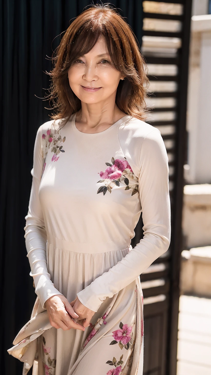 (((Highest quality)), ((8k)), ((masterpiece: 1.3)), (Photorealism: 1.6), (JMA), (KE), (Portrait of a Japanese mature woman), (Pitch black background: 1.2), (Woman standing diagonally facing forward: 1.4), (65-year-old woman), (Perfect looks), ((Realistic skin texture)), (Fine wrinkles all over the skin), (Dullness), (Facial wrinkles), (Wrinkles around the eyes), double eyelid, Tear bags under the eyelids, (Grimacing and laughing), Short bangs, Long Hair, (Floral , Shift dress, Long dress, Maxi Dresses, beige, No sleeve, Print, Crew neck), (Close-up of face),
