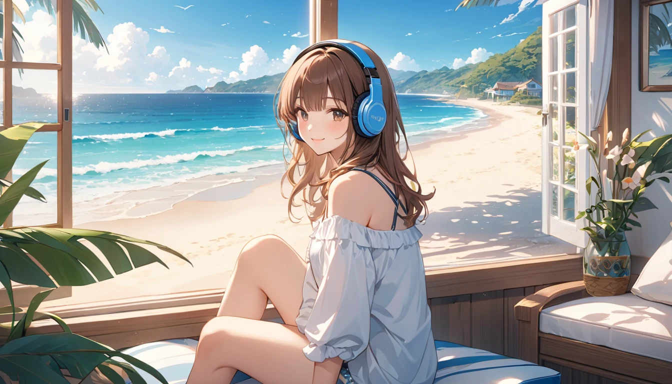 Brown-haired girl wearing headphones、Beach house relaxing scene background:Beach house interior with ocean view:Gentle smile costume:Casual beachwear pose:Sitting by the window in the beach house、Scene looking out to sea:Relaxing at a tranquil beach house
(Detailed fingers), (Emotional), (Breathtakingly beautiful), (main part:1.2 Whole body), (Anime Style), (Very detailed), (超High resolution, High resolution), (8k), (Complex and beautiful: 1.2)