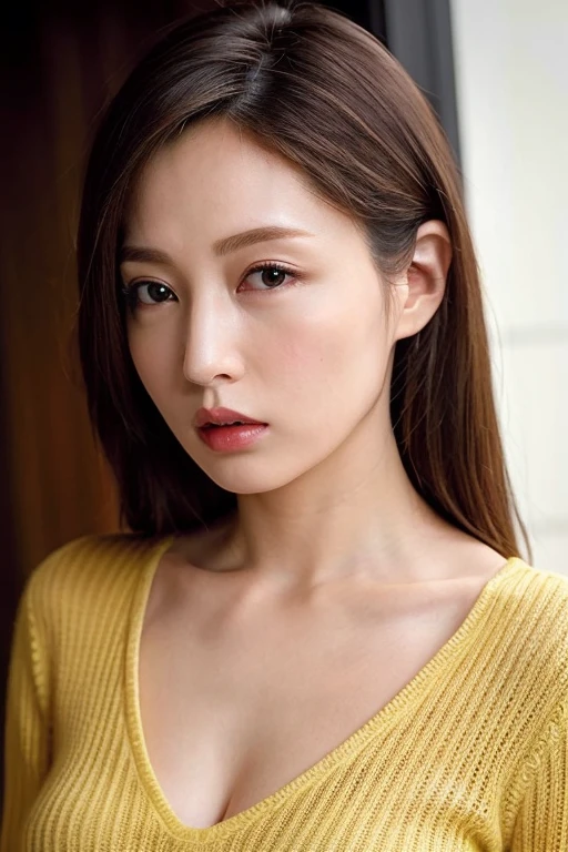 masterpiece, Highest quality, Realistic, (One Mature Woman), Waist up upper body shot, Yellow V-neck light knit shirt, Cleavage, ((View your viewers)), (Thick lips), Please open your mouth a little