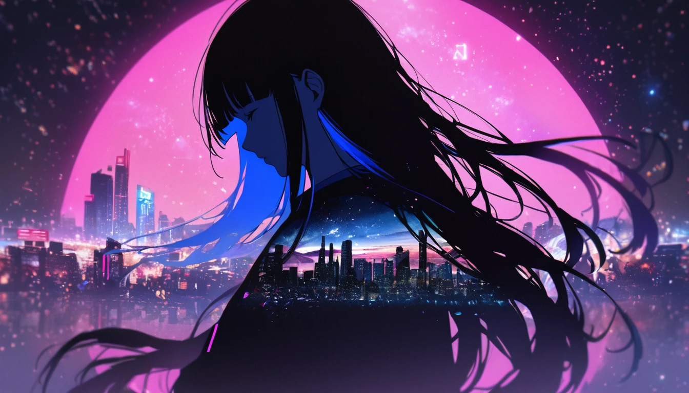 Profile of a woman silhouette.(Long Hair:1.3), Blunt bangs,Starry Sky,タバコ Inside the silhouette you can see the Double exposure with a deep space, universe, Neon Light、Cyber City, masterpiece, ((Double exposure)), Proportion.,Double exposure