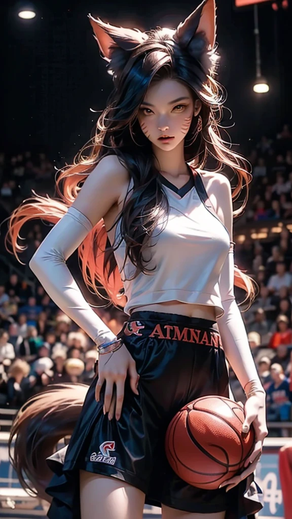 sports center,exciting game,jock,Japanese nine-tailed fox girl,Long flowing hair,Wear sportswear,On the basketball court,Dribbling,