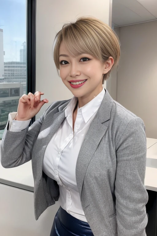In 8K、Ultra-high resolution、Highest quality、Masseter muscle area、Photorealistic、Ultra-high resolution、(Huge 、Quite large breasts、Toned body:1.3)(Always an office lady、Wet white shirt、must wear a gray tight skirt and jacket、Office in a high rise building:1.3)(Dark blonde hair and extremely short hair、Japanese women、very cute、Cute Smile:1.28)Black Pin Heels