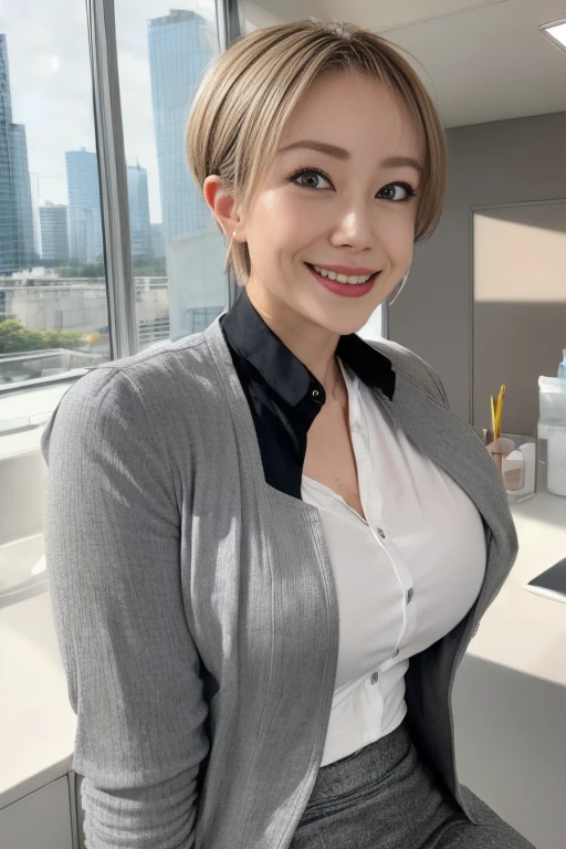 In 8K、Ultra-high resolution、Highest quality、Masseter region、Realistic、Ultra-high resolution、(Huge 、Quite large breasts、Toned body:1.3)(Always an office lady、Wet white shirt、must wear a gray tight skirt and jacket、Office in a high rise building:1.3)(Dark blonde hair and extremely short hair、Japanese women、very cute、Cute Smile:1.28)Black Pin Heels,((Detailed face:1.5)), Indecent body