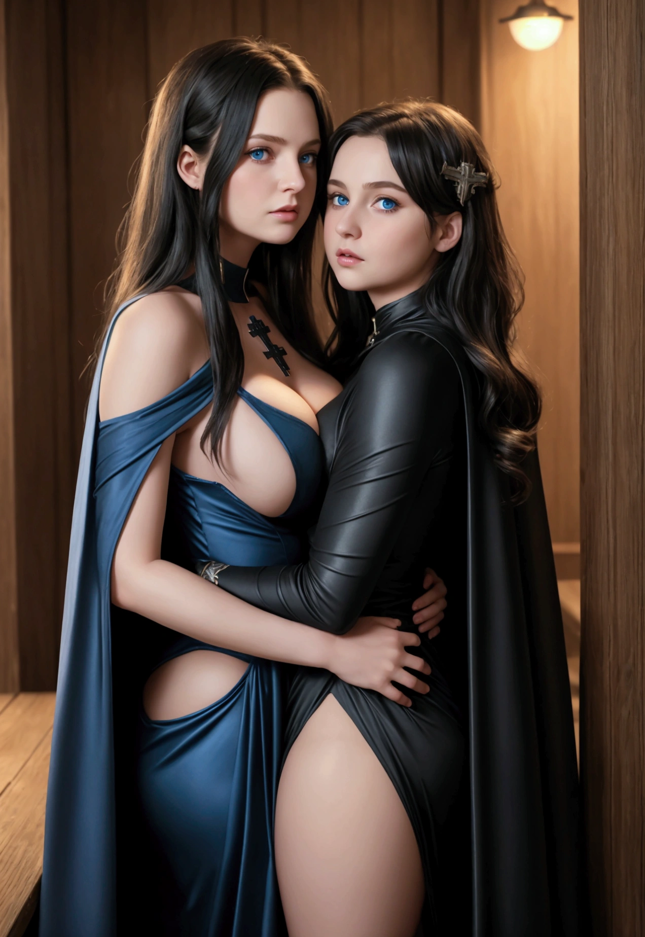 mother and daughter, break: mature, evil, middle-age, long black hair , blue eyes, detailed face, beautiful face, cleavage, curvy body, tall, chubby, dress with cape, dresing with christian cross, break: daughter, girl, very small breats, slim, ager(1.3),13 yenager, big bublack hair,blue eyes, detailed face, angelical face,cleavage, very small breasts, dress with cape, dresing with christian cross, soft lesbian, soft kiss
