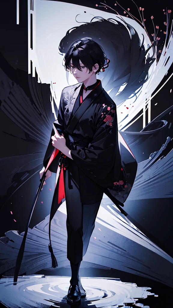 ((standing full body shot:1.5)), A man, standing collar black shirt, black Hakama, ((river and willows print Haori:1.5)), short boots, ink painting style, (best quality,4k,8k,highres,masterpiece:1.2),ultra-detailed,(realistic,photorealistic,photo-realistic:1.37),extremely detailed face and body, detailed eyes, detailed nose, detailed lips, detailed hair, dramatic lighting, moody atmosphere, vibrant colors, traditional Japanese aesthetic,((black background:1.4))