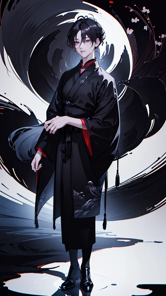 ((standing full body shot:1.5)), A man, standing collar black shirt, black Hakama, ((river and willows print Haori:1.5)), short boots, ink painting style, (best quality,4k,8k,highres,masterpiece:1.2),ultra-detailed,(realistic,photorealistic,photo-realistic:1.37),extremely detailed face and body, detailed eyes, detailed nose, detailed lips, detailed hair, dramatic lighting, moody atmosphere, vibrant colors, traditional Japanese aesthetic,((black background:1.4))