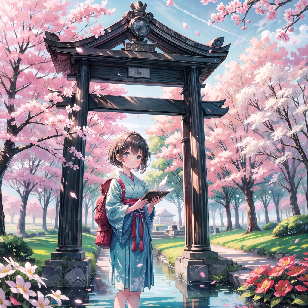 "Soft watercolor illustration of a young girl in traditional Japanese attire, standing in Hiroshima Peace Memorial Park. She is holding a paper crane, symbolizing peace and hope. The background features the iconic Atomic Bomb Dome, surrounded by blooming cherry blossoms and green trees. Gentle sunlight filters through the trees, casting a warm glow. The girl's expression is serene and reflective, capturing a moment of quiet remembrance."