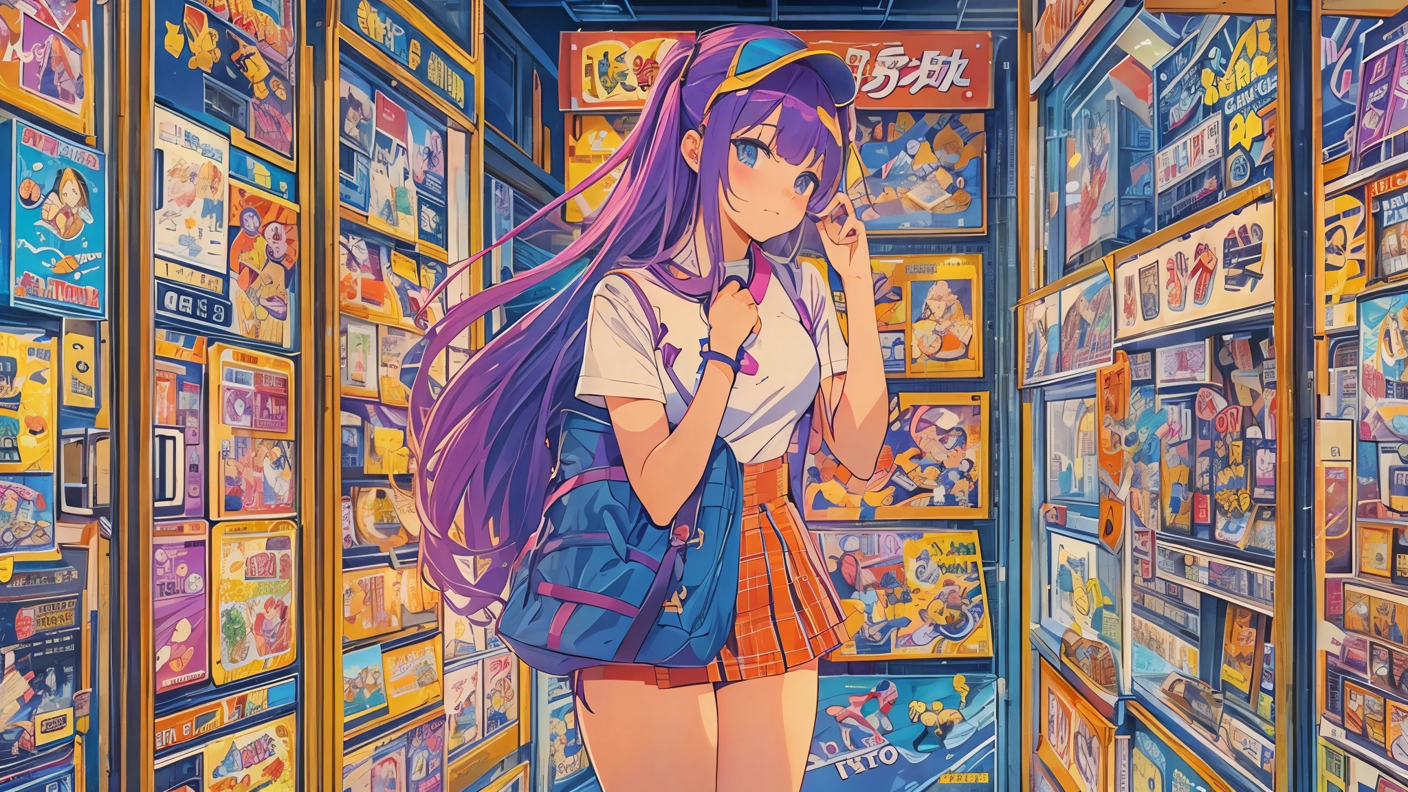 (masterpiece, Highest quality:1.1), (Popart Style),Flat Color,One girl,Cute face,Tween,Have a nice trip, urban, 90's, (Akihabara, the town of otaku, Tokyo),Japan, Beautiful and detailed scenery, Beautiful lighting,very happy,Dynamic pose,, sharp,An illustration:Don'unreadable,