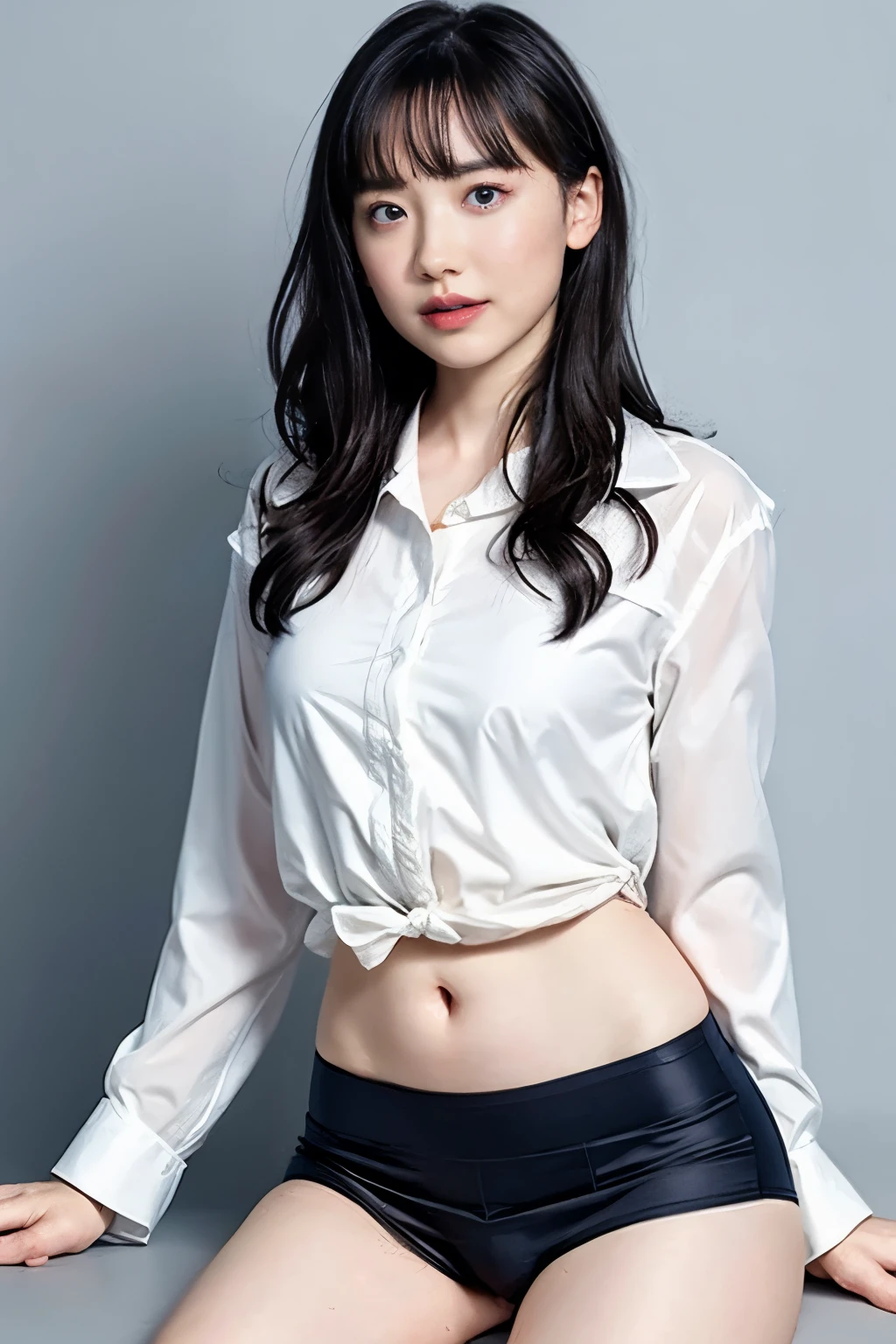 Gray background、pubic hair、Large Breasts、Thighs、Red lipstick、(((Glaring)))、Curly Hair、Disheveled Hair、Cute woman、high school girl、White shirt、Navy frill mile、Open chest shirt、A wet shirt with underwear showing through、