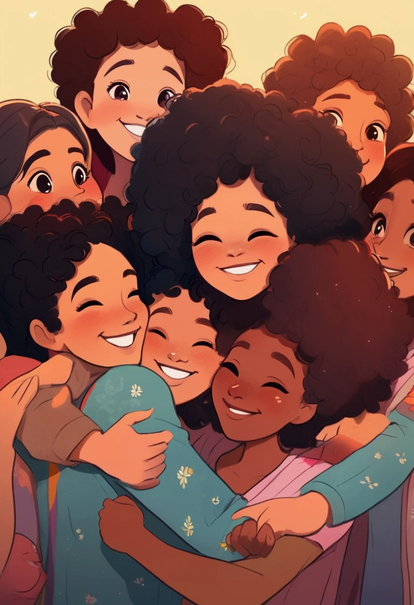 draw a picture of two people hugging and smiling with several people around them smiling in a circle, a black woman with curly hair and a brunette woman, esse desenho representa a acceptance, lgbtqia+, society and young people today ((acceptance))