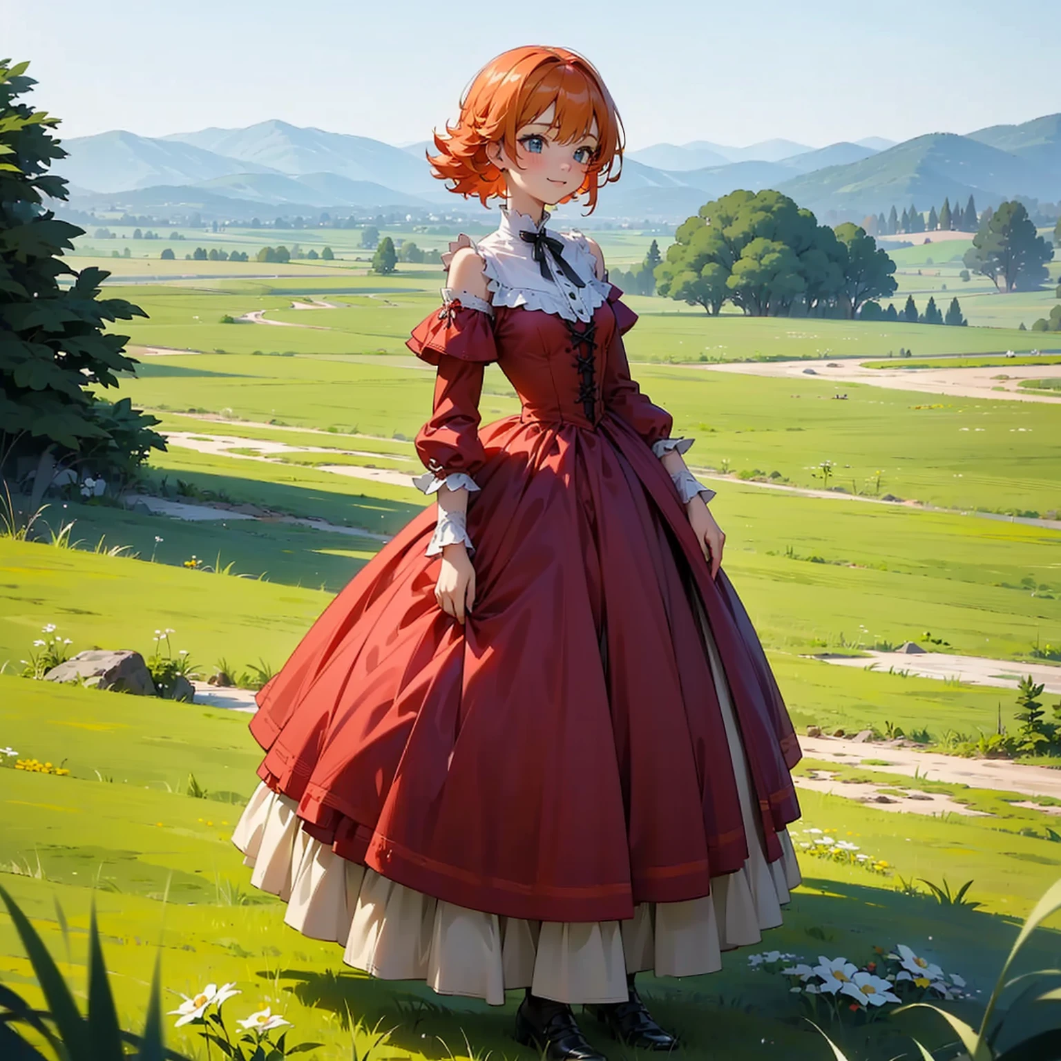 (solo,  girl), (red dress), (victorian dress), (smile), pale skin, (pale), outdoors, small breasts, happy, radiant glow, (cowboy shot), (holy aura), orange hair, ginger hair, bare shoulders, greenlands, open plains for background, (full body version), detailed background 