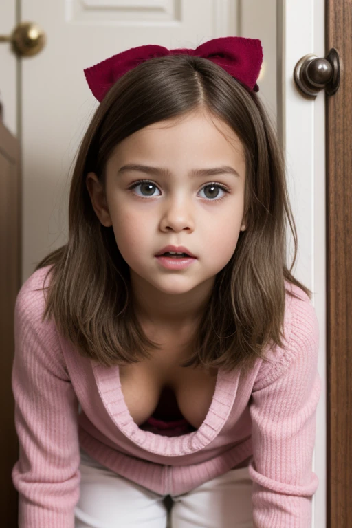 Portrait of a shocked 9 year old preppie girl standing in a closet doorway.  Pink sweater. Bow in hair. Blonde hair. Close up. Cleavage 