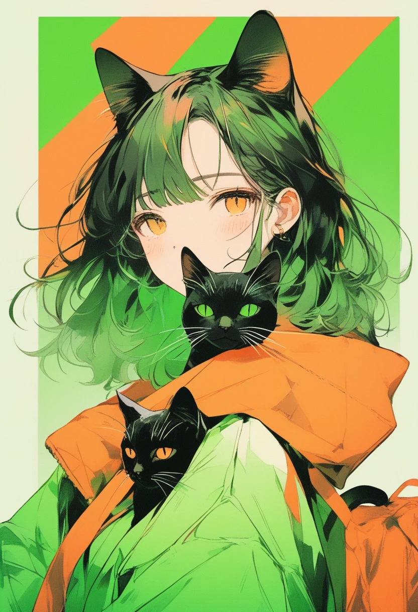 (最high quality, sketch:1.2),Realistic,Illustrator,anime,Cat、毛の長いCat, custom, Dark orange and green gradient background, Neon color style、Dynamic pose、Texture Cropping, masterpiece, high quality、