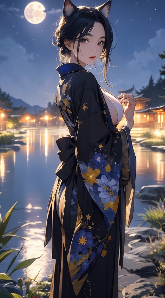 masterpiece, high quality, 4K, Beautiful design, Rear view,silhouette, 非常に詳細な夜のStarry Sky,Flower Field, wonderful, Finer details, Very knowledgeable woman, Highly detailed solo, 1 female,Cat ear,Big Breasts,kimono,Night view,Starry Sky,full moon,