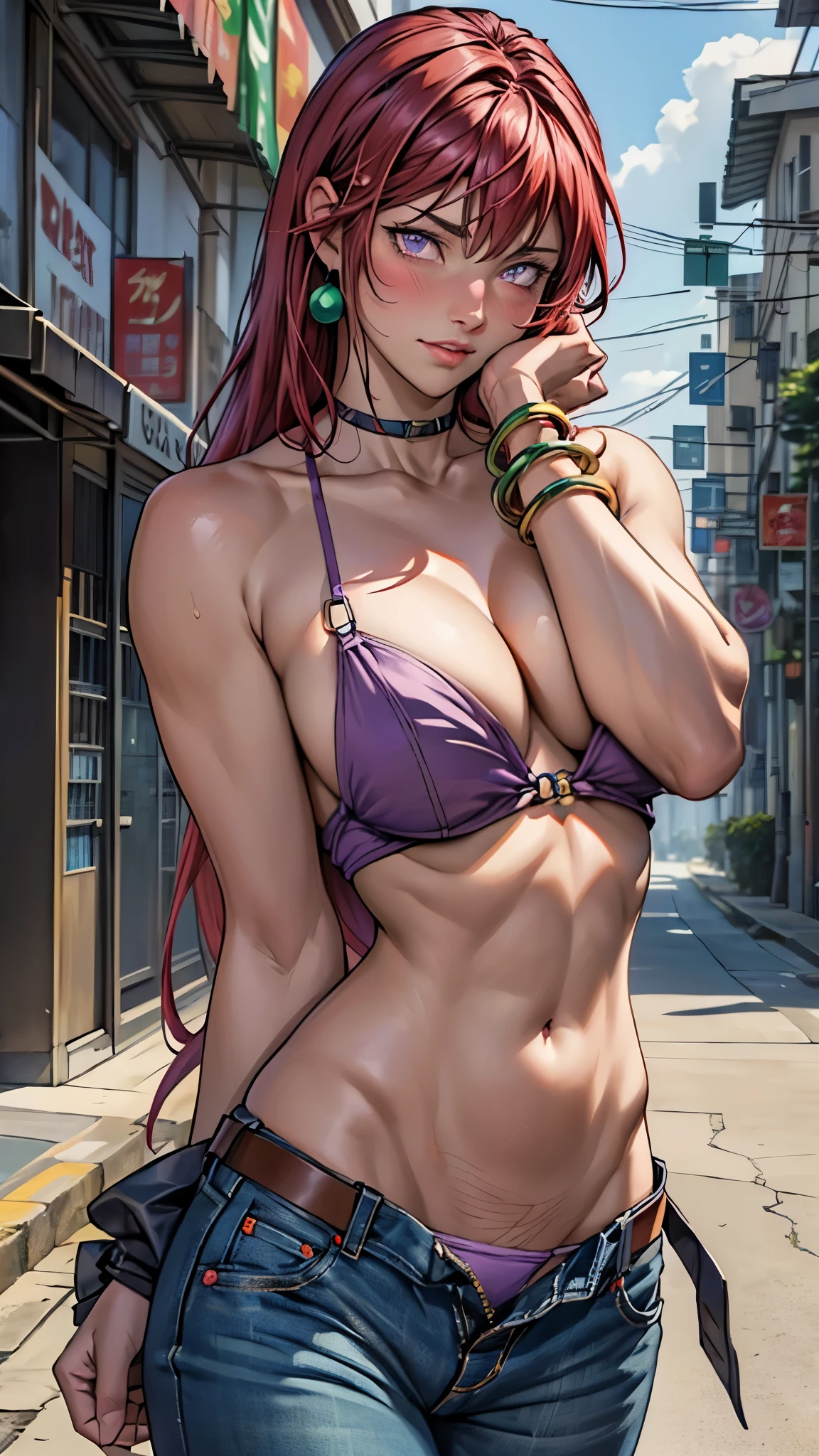 8k, masterpiece, view from the front, solo, 1girl ((takashirohiroko, arms covering crotch, slim figure and detailed hands, detailed fingers, detailed eyes, detailed lips, sexy, bangle, bangs, bare shoulders, belt, purple bikini, purple bikini top only, blue sky, bracelet, breasts, purple eyes, cleavage, cloud, cowboy shot, day, denim, round green earrings, floating hair, green belt, purple bikini, groin, unzipped low hipster jeans, g-string, jewelry, large breasts, log pose, long hair, looking at viewer, navel, red hair, pants, sidelocks, sky, standing, stomach, swimsuit, (facial expression: having orgasm, blushing, head tilted back)), nsfw, on the crowded streets of RIO DE janeiro