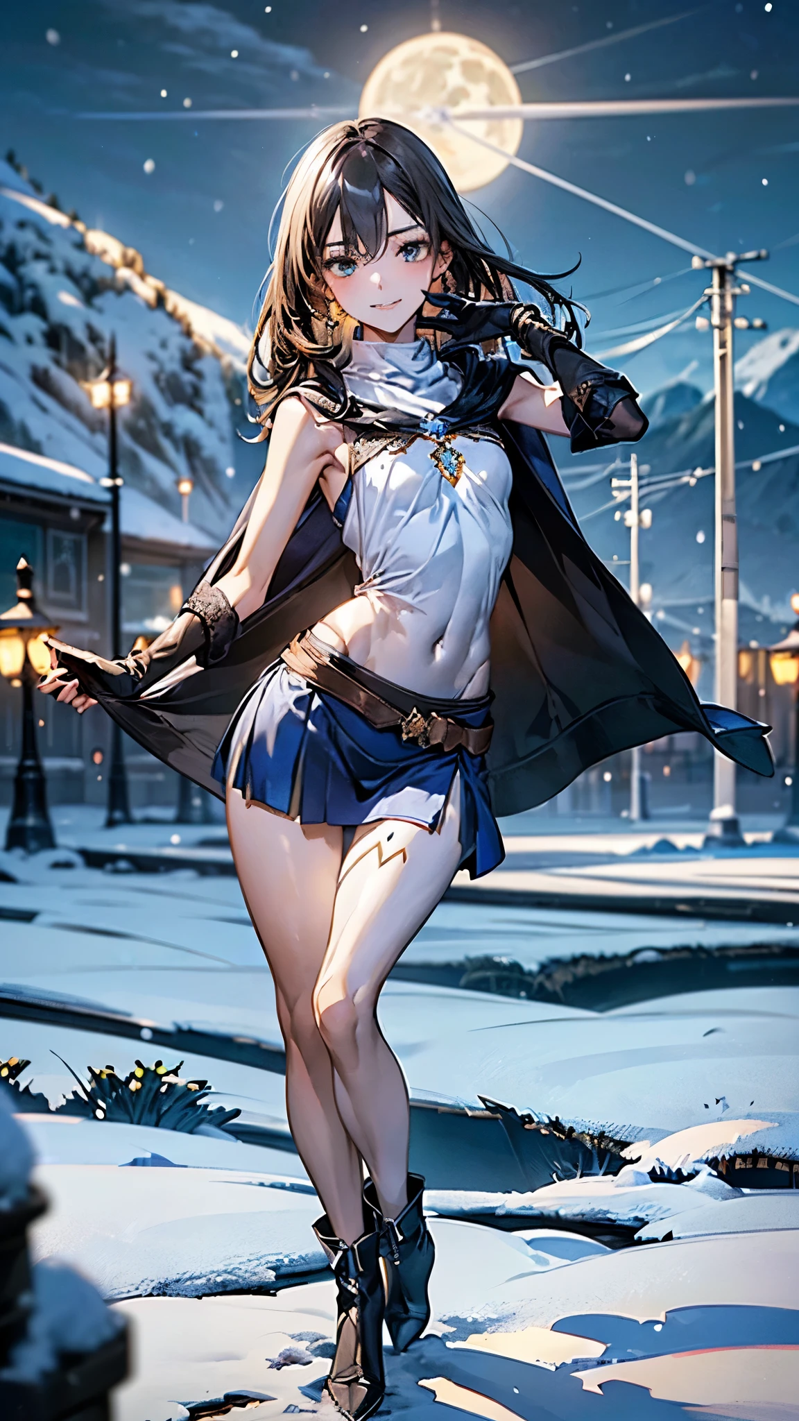 (masterpiece:1.3, top-quality, ultra high res, ultra detailed), (realistic, photorealistic:1.4), beautiful illustration, perfect lighting, natural lighting, cute girl, depth of fields, ((very slender:1.5)),Character is short.,green long hair, green eyes, white color dress, 12years old,tigh china dress, sleeveless, Turquoise blue short skirt, ((blue waist cloak)), Boy body type,Dark gray gloves, elbow Glove, (Navel-out), Black pantyhose, Brown waist belt,beautiful detailed hair, beautiful detailed face, beautiful detailed eyes, beautiful clavicle, beautiful body, beautiful chest, Slender thigh,(Thin legs:1.5), beautiful fingers, moe-e,
looking at viewer, full body, 1 girl, perfect face, (perfect anatomy, anatomically correct), cute and symmetrical face, babyface, shiny skin, bangs, slender, white_long boots, 
(beautiful scenery), evening, mountain, snow, winter, snowflakes, dynamic pose, (seductive smile, upper eyes, parted lips),Moon