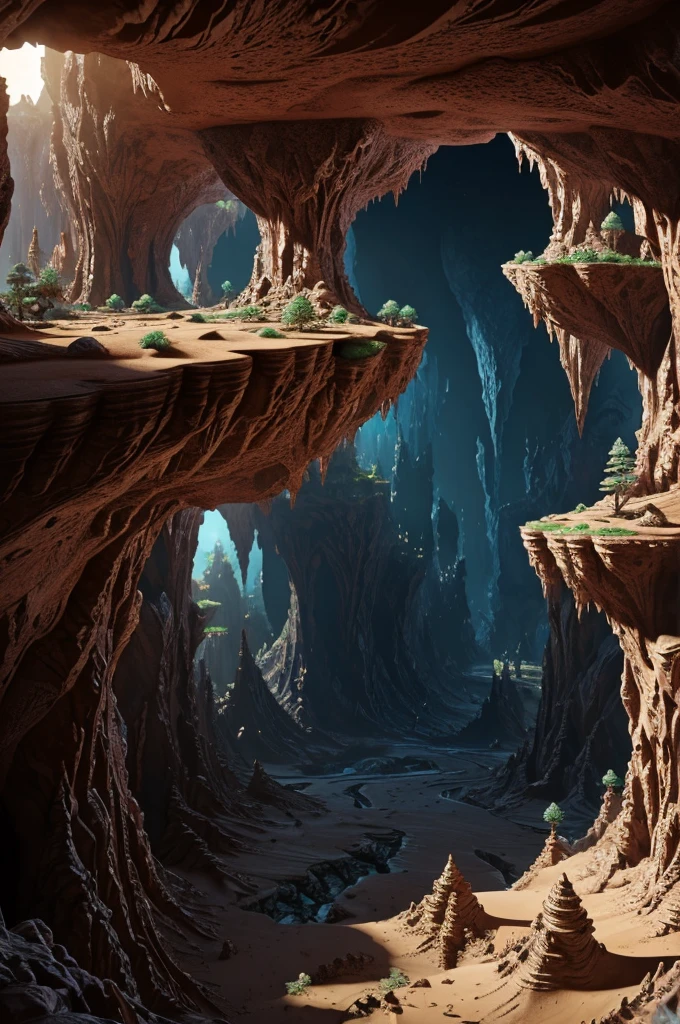 there are many inverted cavities (different rooms, united by mandelbulb projections that form passages) in the middle of an underground canyon that forms a mandelbulb mud village at different heights with many balconies and stalactites and stalactites, fantasy architecture, Highly detailed 4K digital art, beautiful detailed fantasy, stunning fantasy landscape, detailed fantasy digital art, arstation and high beep, fantasy style 8k octane rendering, stuning fantasy 3d rendering, Detailed fantasy in 4K, fantasy 3d rendering, 3D rendering beep, deep and massive desert landscape, stalacmite cave labyrinth type very confusing geonosis bubbes