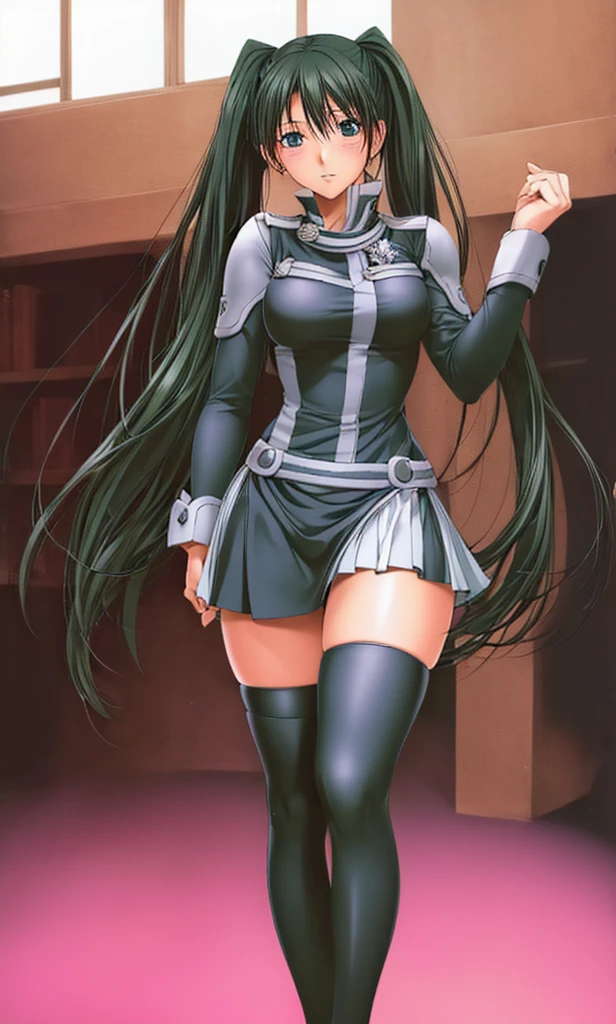 Lenalee, with her long, beautiful legs and twin tails, is standing in the library wearing a miniskirt uniform and black knee socks.。