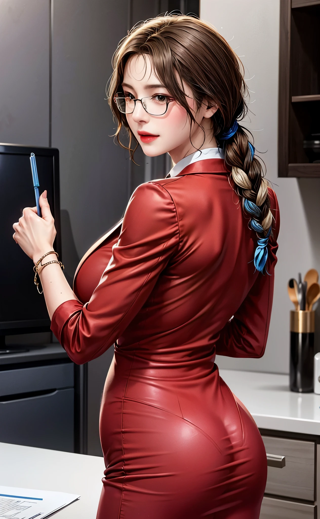 Professional, High level of detail, close up photo (attractive mature 45yo woman:1.3),ray tracing, natural lighting, (blushing:1.1 ), (classy, elegant, dandy)1.2, (red colour), perfect face, flower  dress with blue blazer,  long pencil skirt, (((glasses, covered))), big breast, cleveage, Slim Face,(mature) , Pretty Lady,  smile eyes, see full image, bracelet, (at desk in kitchen), view from behind