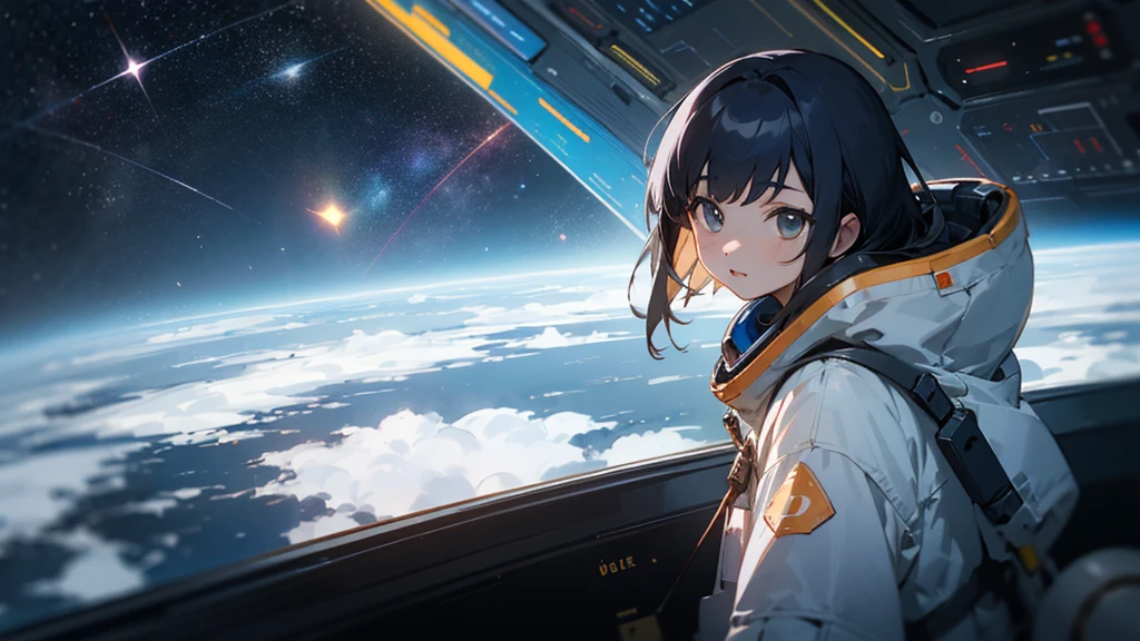 asian girl in the space on alien planet between polar star and big dipper