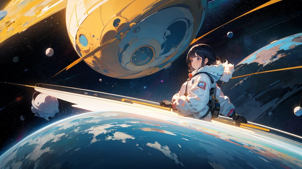 asian girl in the space on alien planet between polar star and big dipper