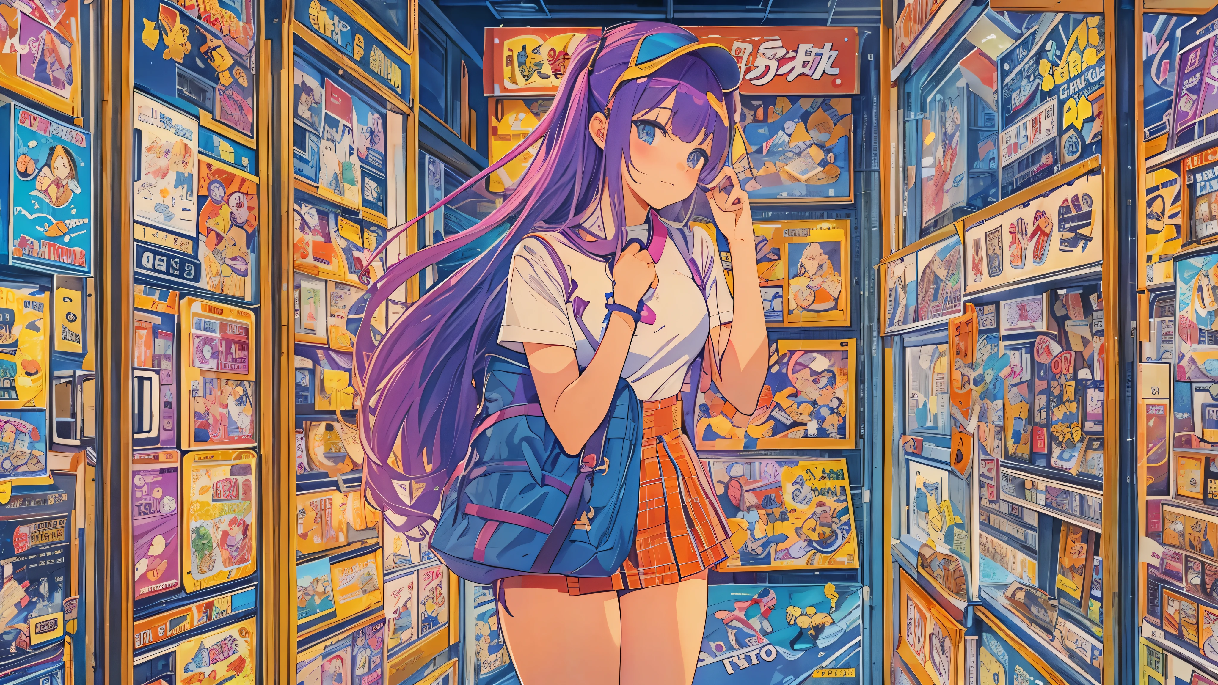 (masterpiece, Highest quality:1.1), (Popart Style),Flat Color,One girl,Cute face,Tween,Have a nice trip, urban, 90's, (Akihabara, the town of otaku, Tokyo),Japan, Beautiful and detailed scenery, Beautiful lighting,very happy,Dynamic pose,, sharp,An illustration:Don'unreadable,