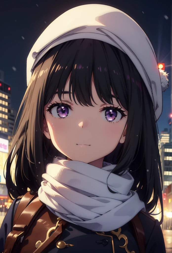 Takiuchikami,Long Hair, bangs, Black Hair, (Purple eyes:1.2),happy smile, smile, Open your mouth,Knitted hat,Long coat,White Sweater,White scarf,Long skirt,Black pantyhose,short boots,snowが積もっている,snowが降っている,winter,Cold Sky,night,moonlight,snow,snow,snow,snow,whole bodyがイラストに入るように,Walking,
break looking at viewer, whole body, 
break outdoors, city,construction area,
break (masterpiece:1.2), Highest quality, High resolution, unity 8k wallpaper, (figure:0.8), (Beautiful attention to detail:1.6), Highly detailed face, Perfect lighting, Highly detailed CG, (Perfect hands, Perfect Anatomy),