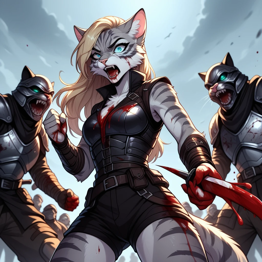 score_9,score_8_up,score_7_up, score_6_up, score_5_up, source_anime, Kat, female Anthro furry feline, silver fur, grey stripes on body, blue eyes, long blonde hair, undercut hair, one side of hair shaved, pink nose, :3, wearing black leather armor vest, black cuirass, black short shorts, holding a blood covered knife, face covered in blood, furrowed eyebrows, expressionless, soulless eyes, (bloody face), blood_covered, blood on armor, screaming, yelling, she is attacking, fighting off several enemy soldiers, on a battlefield, dynamic action, standing, low angle shot