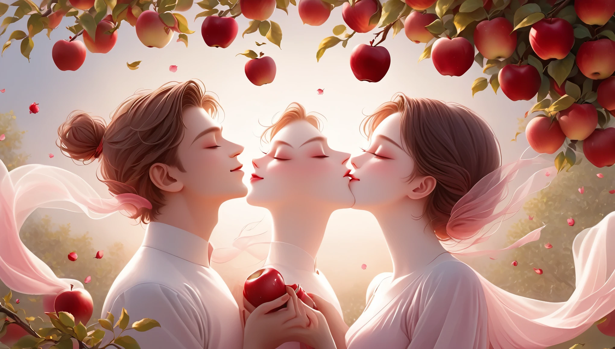 (masterpiece, best quality:1.2), 1 man 1 woman, whole body,2-Player World,Holding apples together,romantic petals,Apple Tree,Ultra-high detail,Rose,In the flowers,Red hue,Smile,right side composition