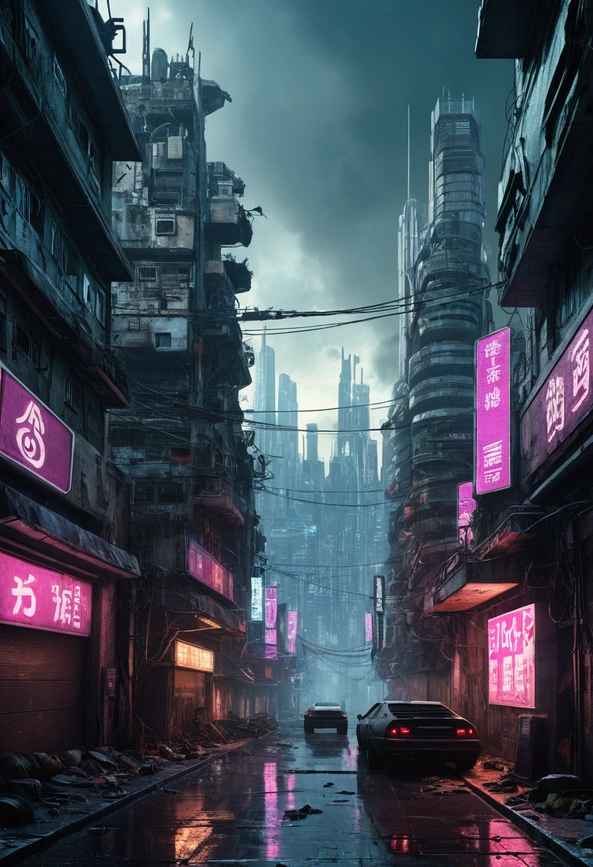 The view of a street, an apocalyptic city in cyberpunk style.