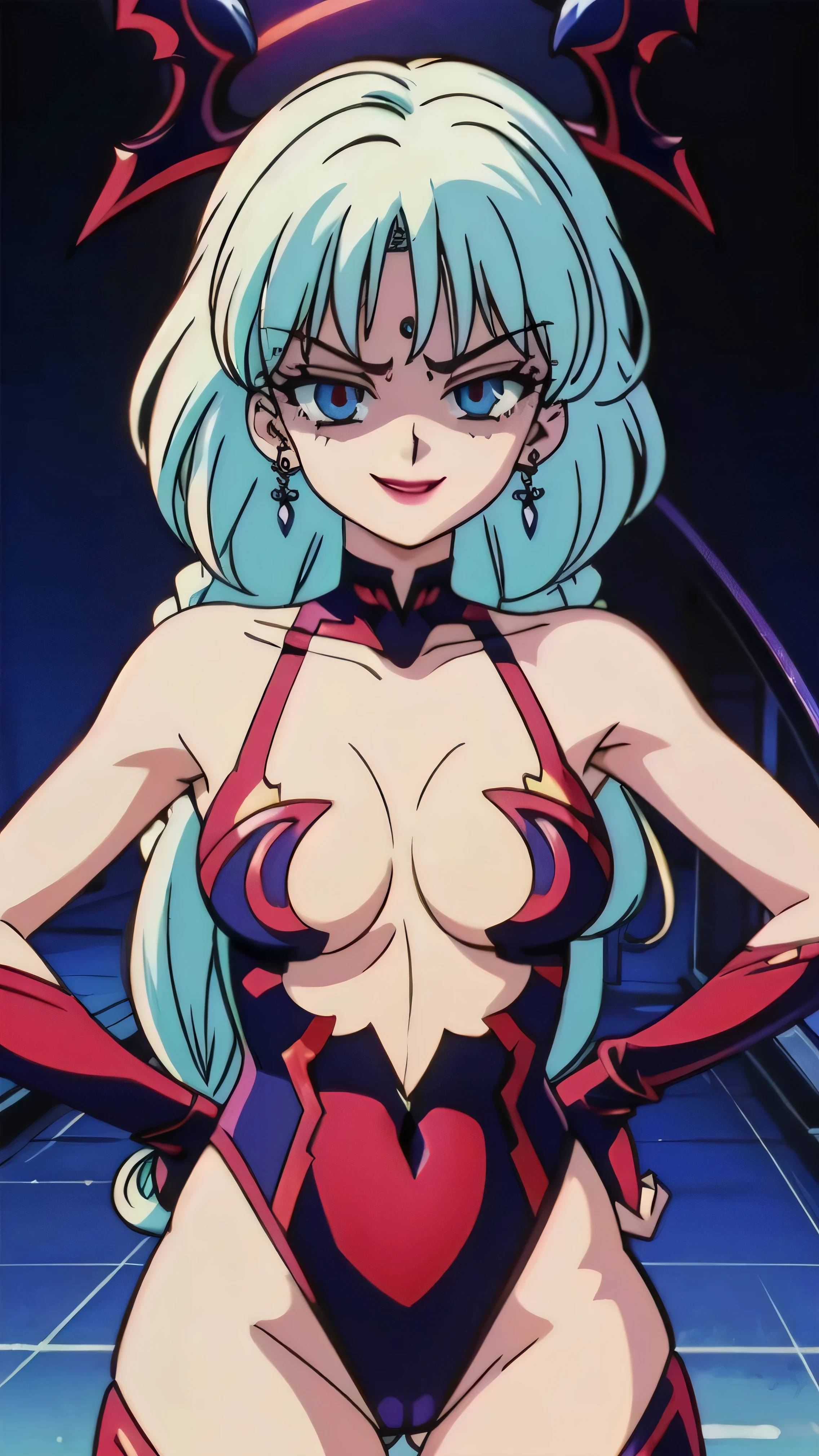 1girl, solo, facing viewer, looking down at viewer,,evil smile, BERTIE,,Highly detailed CG Unity 8K wallpaper, perfect lighting,official art,,(beautiful_face:1.5),(narrow_waist),,Highly detailed CG Unity 8K wallpaper, perfect lighting, anime screencap, retro artstyle, anime coloring, traditional media,most evil huge laugh,lipstick,sadistic smile,deep shaded face,singlebraid,smile worst,worst ridecule,most evil moukery,,onebraid,lightblue leotard,two hands,five fingers,dark aura background,A face full of evil,most evil ridicule,Bandage elbow gloves,thighhigh socs,