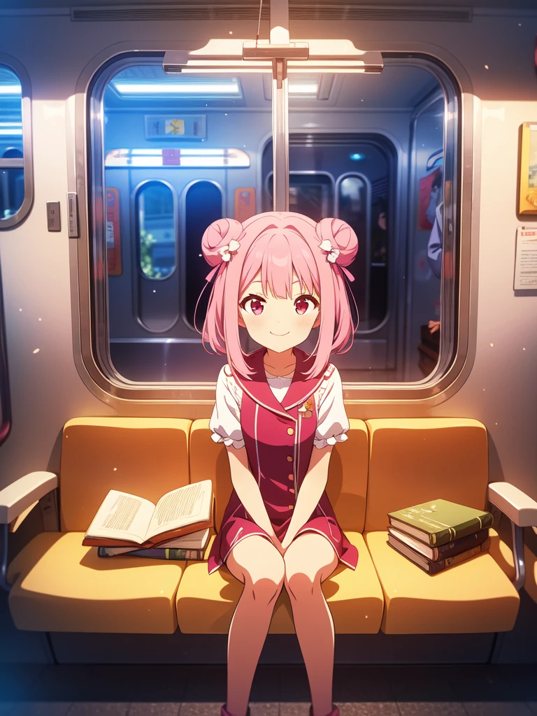 absurdes, High resolution, (Official Art, beautiful), Super detailed, sit in a train seat, Illumination, effect,masterpiece, highest quality, High resolution, {Dense and beautiful eyes}, finely,  Dense and beautiful eyes, (alone:1.5),  (Hair Ribbon:0.4), Pink Eyes,Cinematic Angles,perspective,White bun hair,Long pink hair,whole body,Refers to 5 books,smile