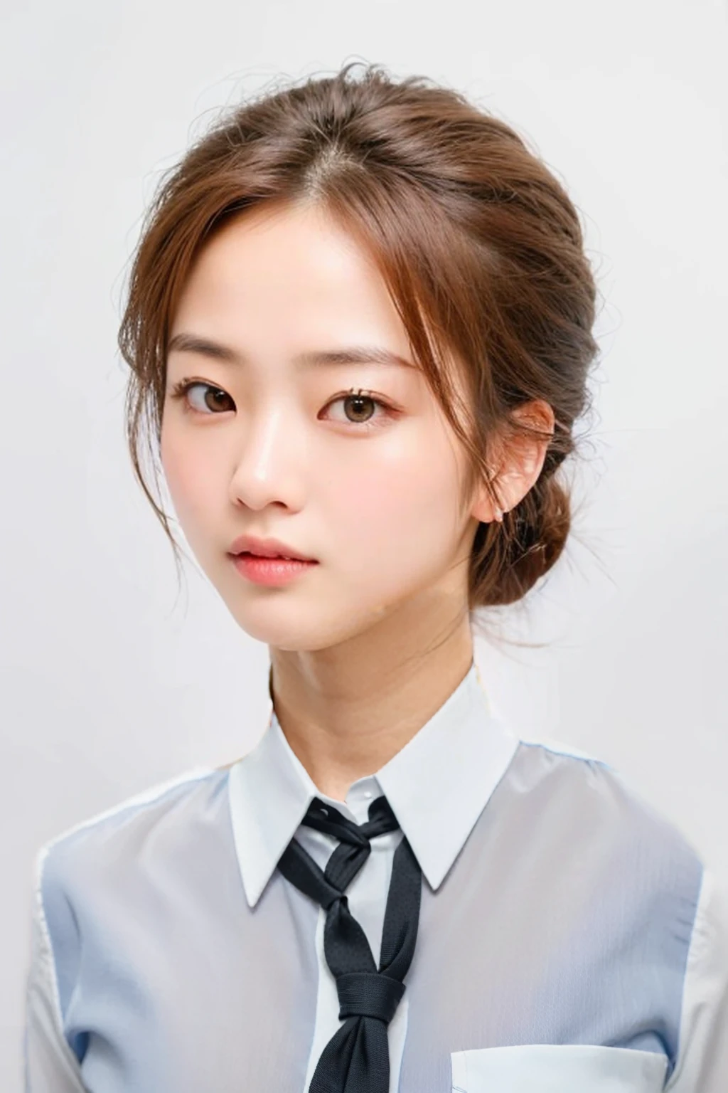 (best quality), photo realistic, 8k, Masterpiece, Portrait: 1.3, photo realistic, hyper realistic, Sharp Focus, looking at viewer, light on face, real texture skin, detailed eyes, detailed face,(Keep your hairstyle the same), cinematic lighting, 8k, UHD, retina, masterpiece, accurate, anatomically correct, textured skin, 28 year old Korean woman, (yeiiow formal_shirt:1.4)