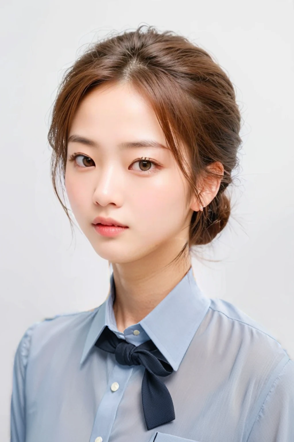 (best quality), photo realistic, 8k, Masterpiece, Portrait: 1.3, photo realistic, hyper realistic, Sharp Focus, looking at viewer, light on face, real texture skin, detailed eyes, detailed face,(Keep your hairstyle the same), cinematic lighting, 8k, UHD, retina, masterpiece, accurate, anatomically correct, textured skin, 28 year old Korean woman, (yeiiow formal_shirt:1.4)