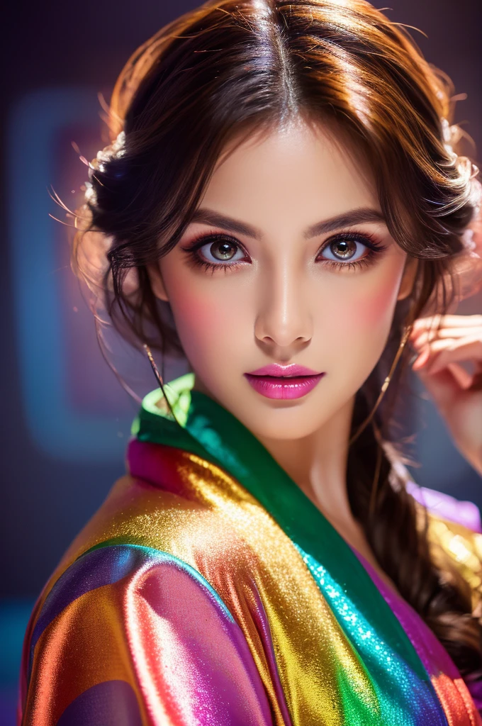 best quality,highres,ultra-detailed,(realistic:1.37),vibrant colors,studio lighting,portraits,sexy,gorgeous girl,seductive gaze,luscious lips,beautiful detailed eyes,satin bathrobe,stunning makeup,confident pose,dramatic lighting,flawless skin,perfectly styled hair,colorful background,dazzling artwork