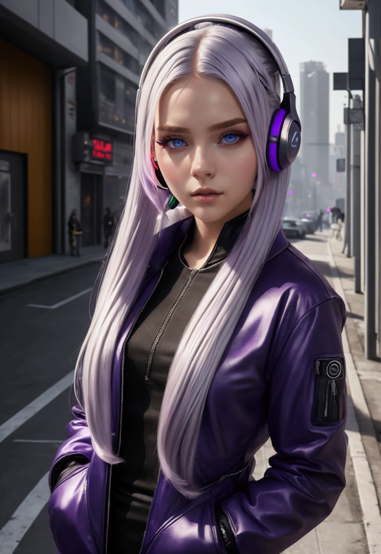 1 girl, by white, by the wide, tech clothing masterpiece, Best Quality, realist, Realism, dark purple jacket, portrait, detailed eyes, Using headphones, platinum hair, 21 year old girl, fashion pose, half body, wide shot, on the street, cyberpunk