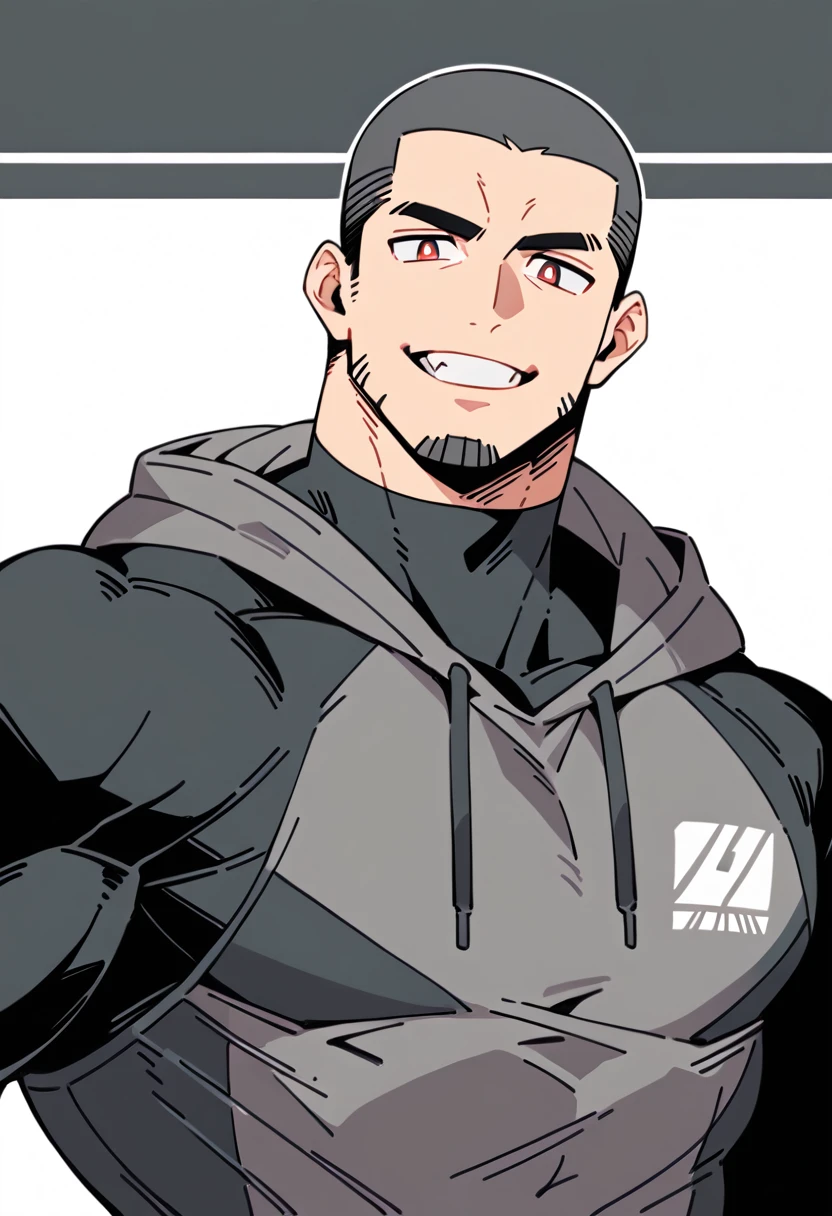 anime characters：Priapus, Black Black Skin Muscle Sports Student, Manliness, Buzz Cut，male focus, Sports tight hooded sweatshirt, Under Armour Brand, Wear a high-necked tights underneath, Very tight, Huge pectoral muscles, muscular male, muscular, only, Upper body, alone, Red short hair, Thick eyebrows, Stubble, Brown-red pupils, White background, Solid color background, Clean background, simple background, amazing quality, best aesthetics, Ridiculous, crew cut, smirk, bright pupils, grin, negative space, negative space, best quality