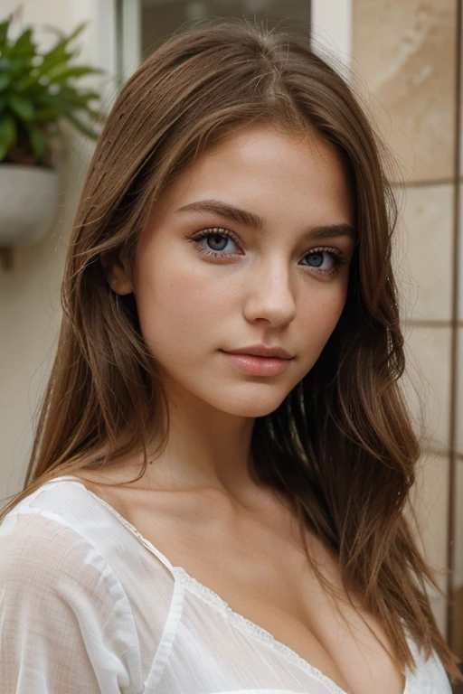 Belle brune aux reflets blonds, (22 ans, visage innocent, cheveux ondulés naturels, yeux bleus), et une femme