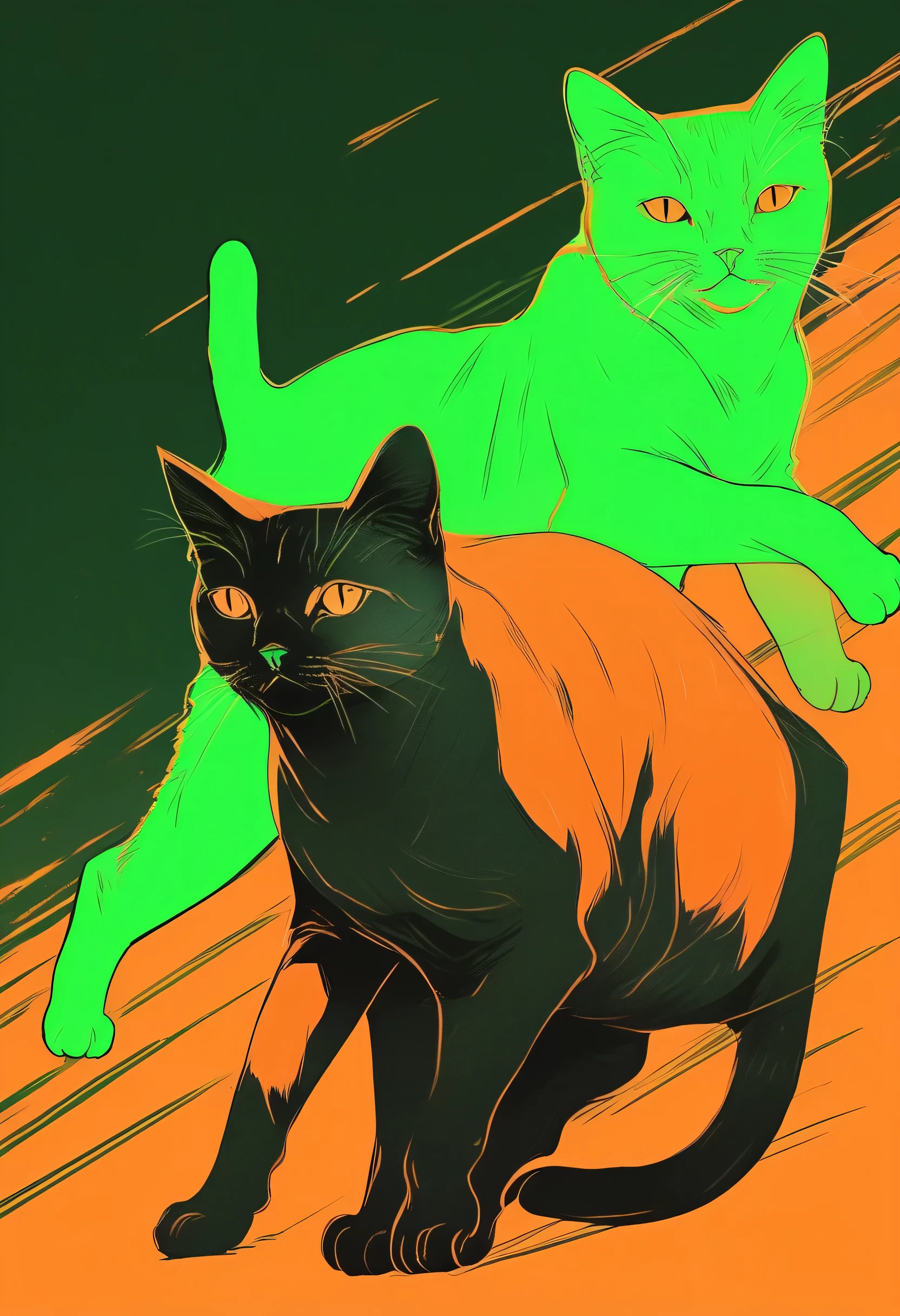 (最high quality, sketch:1.2),Realistic,Illustrator,anime,Cat、毛の長いCat, custom, Dark orange and green gradient background, Neon color style、Dynamic pose、Texture Cropping, masterpiece, high quality、