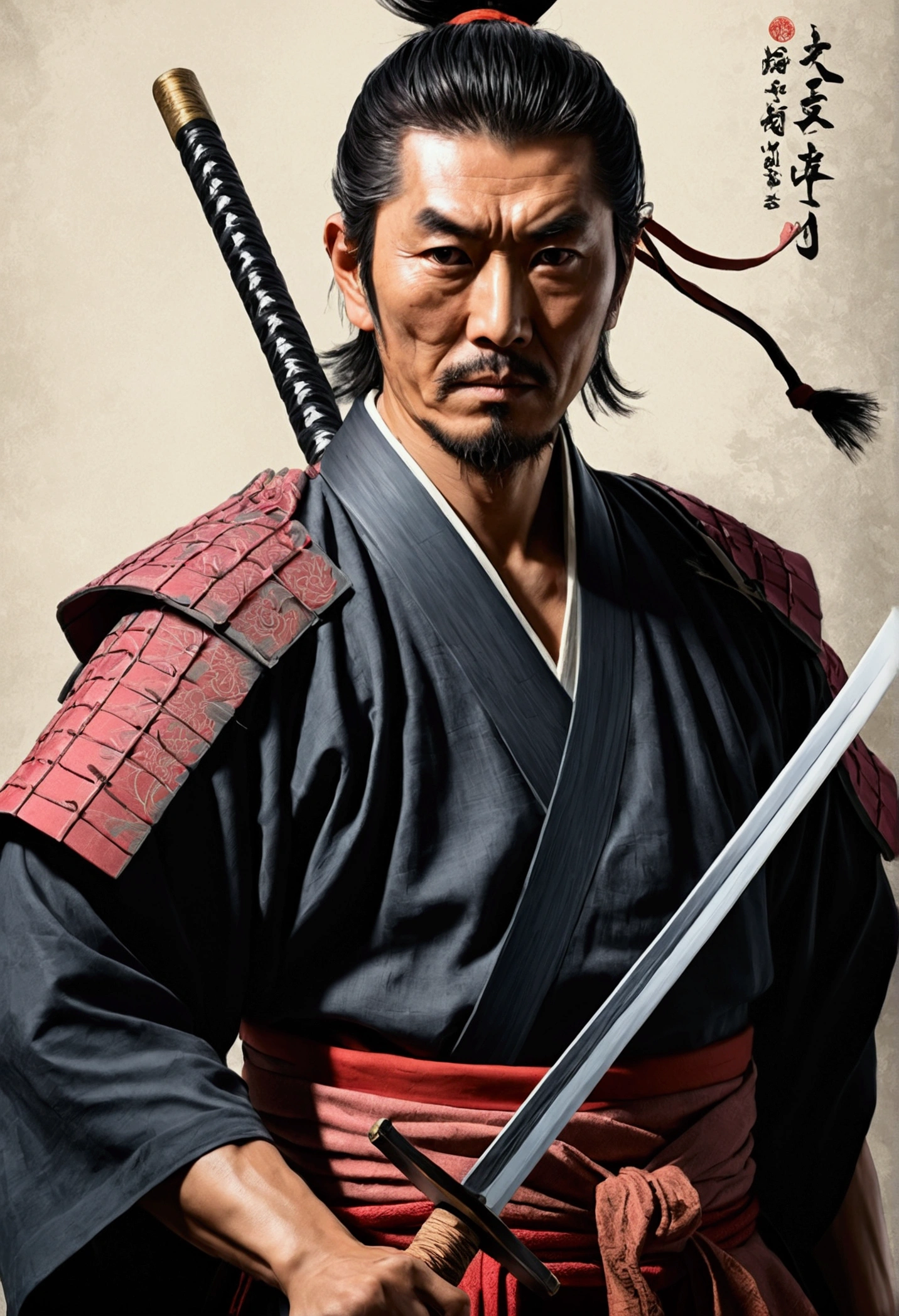 Alafed image of a man with a sword in his hand, Portraits of people inspired by Sanraku Kano, Artstation Contest Winner, What it is?, samurai portrait, miyamoto musashi, ancient Japanese Samurai, samurai portrait, Japanese Samurai, Samurai Style, Samurai Man Wanderer, Traditional Japanese concept art, samurai portrait photo