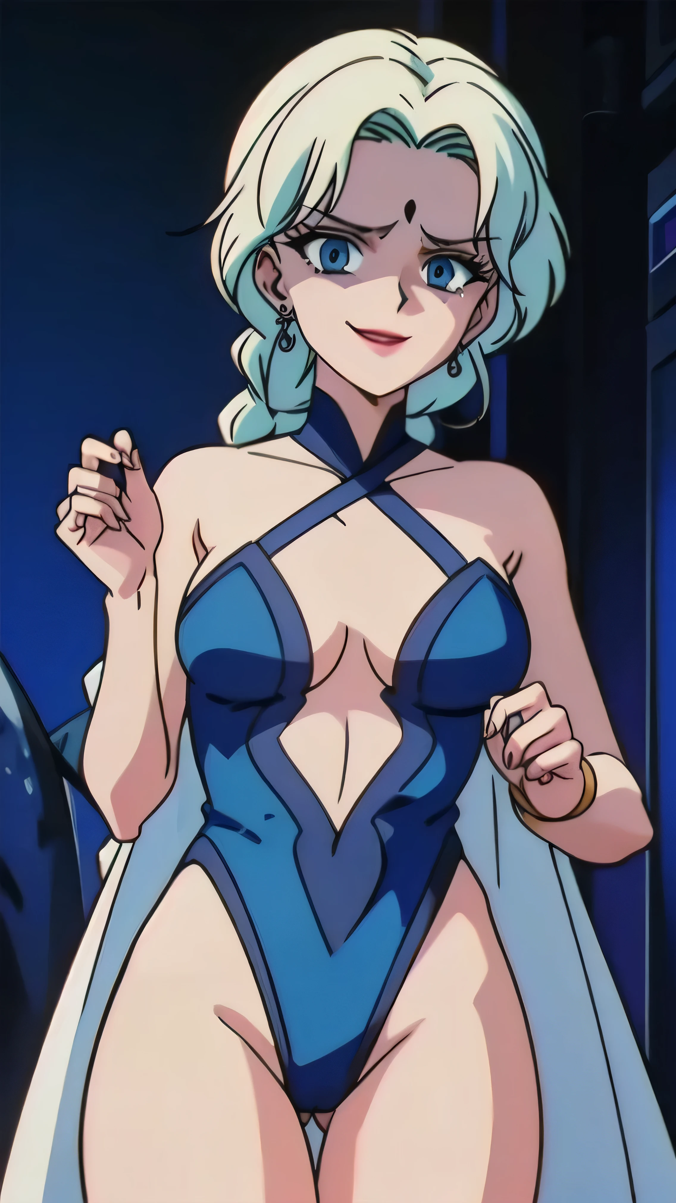 1girl, solo, facing viewer, looking down at viewer,,evil smile, BERTIE,,Highly detailed CG Unity 8K wallpaper, perfect lighting,official art,,(beautiful_face:1.5),(narrow_waist),,Highly detailed CG Unity 8K wallpaper, perfect lighting, anime screencap, retro artstyle, anime coloring, traditional media,most evil huge laugh,lipstick,sadistic smile,deep shaded face,single braid,smile worst,worst ridecule,most evil moukery,,one braid,lightblue leotard,two hands,five fingers,evil darkness background,