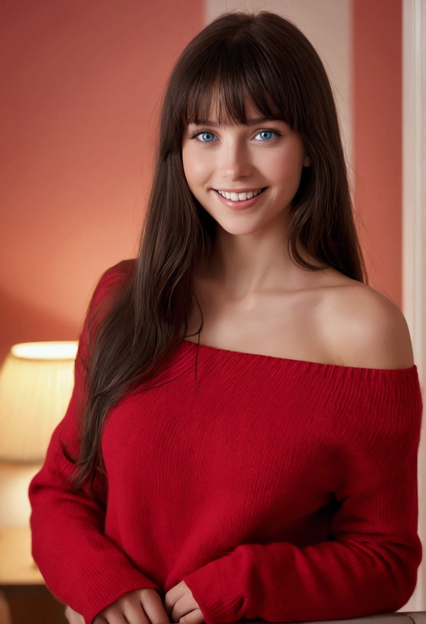Masterpiece, best quality, high resolution, very detailed, smile a little, A woman with long dark hair and bangs., light blue eyes, Beautiful girl looking at the camera, front view, ((Light red off-the-shoulder sweater,)) Bare legs, nighttime, inside a warm room, A picture lit by a small lamp, depth of field, (half body: 0.6),