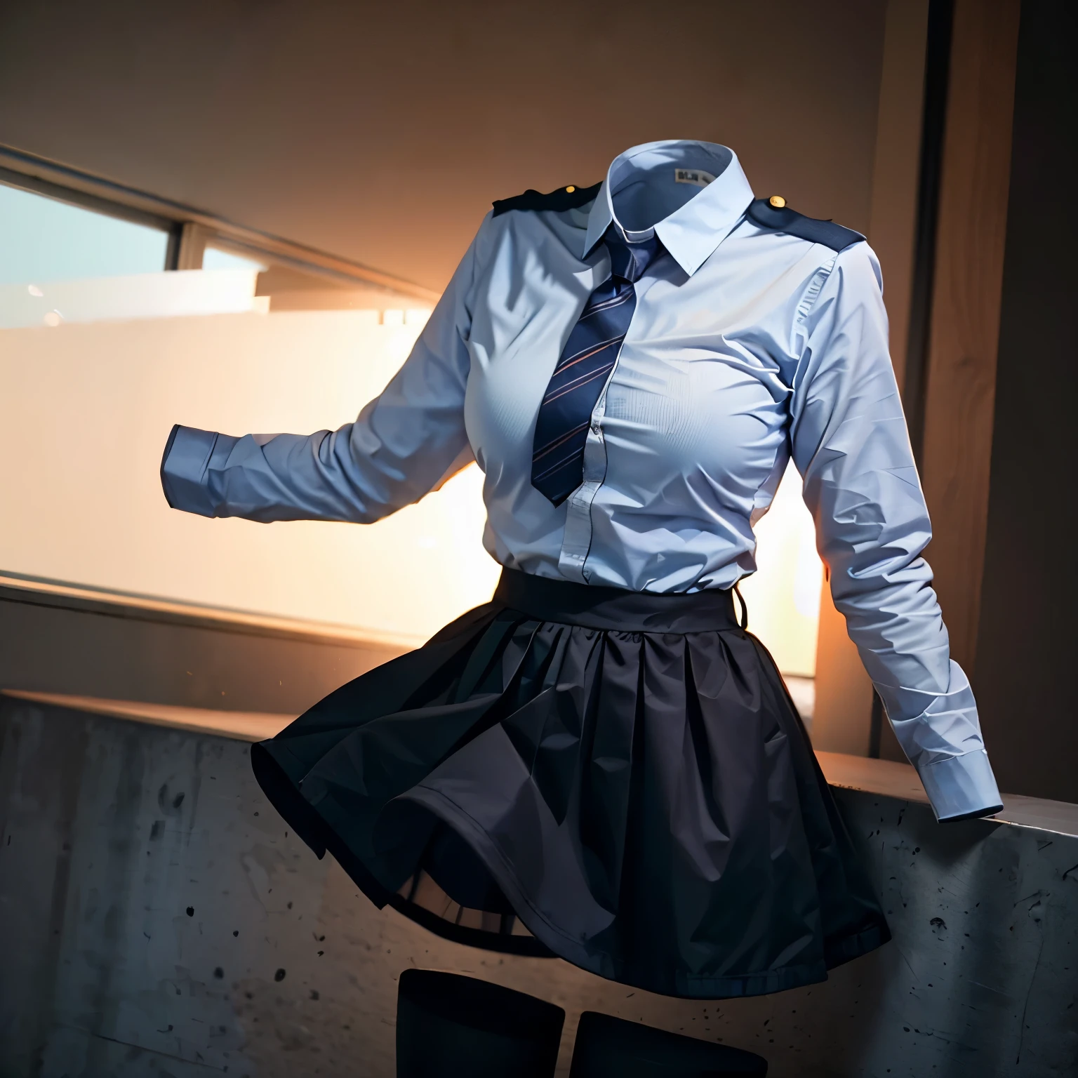 (invisible, no humans, headless, handless, faceless:1.5),cute big breasts, dynamic angle, leaning forward, white shirt, pleated skirt, striped necktie, collared shirt, black jacket, black skirt, long sleeves, school uniform, black socks, sarashina ruka, (close-up to breasts:1.5), best quality, high resolution, (8k, RAW photo, best quality, masterpiece:1.2), (realistic, photo-realistic:1.37), photon mapping, radiosity, ((Hasselblad photography)), physically-based rendering