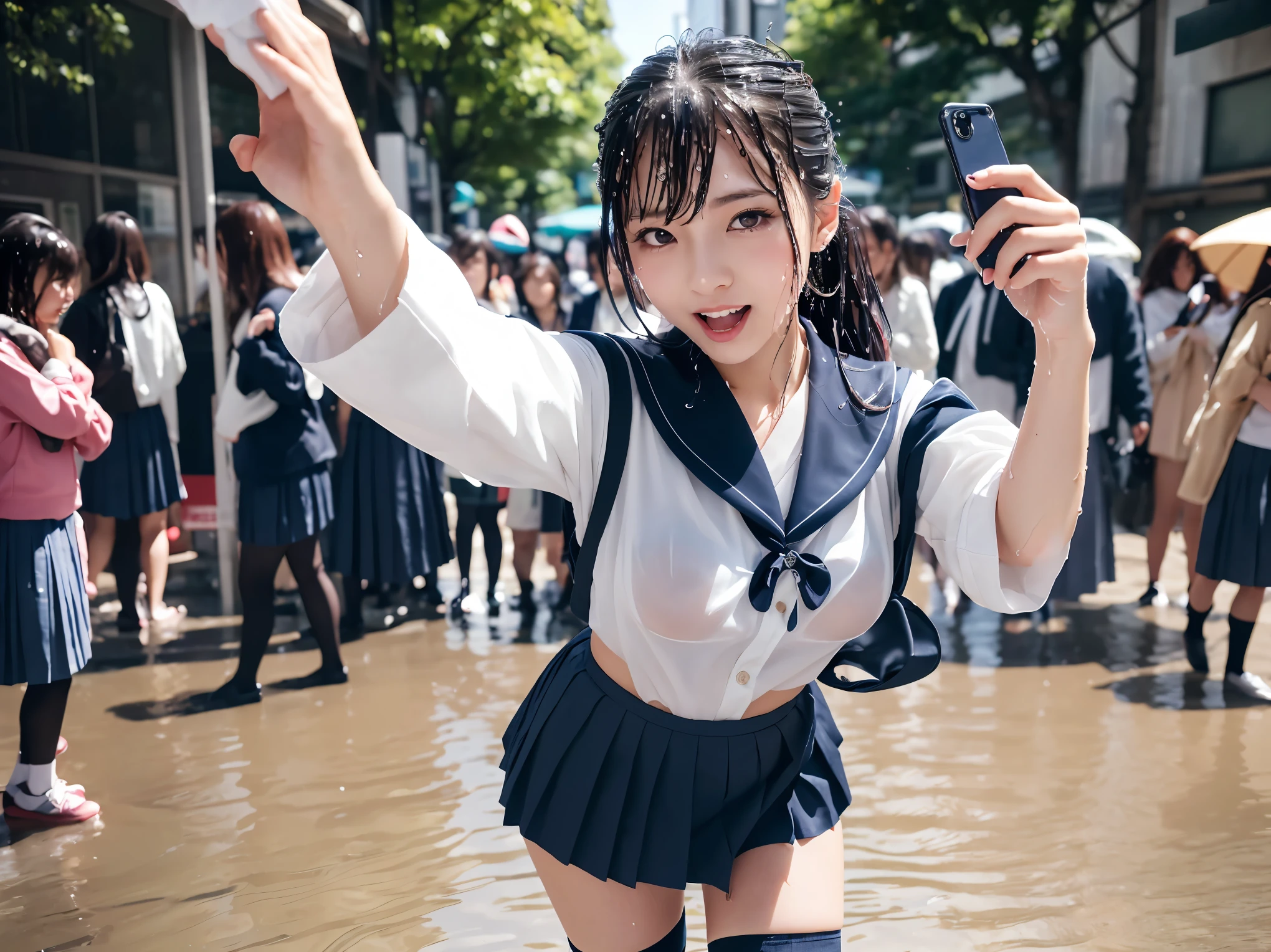 ((beautiful eyes with fine detail)), realistic skin, (intricate details), best lighting, depth field, ((ultra high resolution, high res)), {highres}, {{very fine 8KCG wallpapers}}, {{very precise detailed}}, crowd, ((((masterpiece)))), nsfw, 1girl, teenager, curvy, orgasm, blush, clenched teeth, (wet clothes:1.3), ((wet white japanese uniform)),((showing nippls)), (small breast), (((navy blue))), ((pleated miniskirt)), ((skirt lift:1.7)), (tie),((black thigh-high socks)), (((smartphone,selfie))), Detailed Tokyo Streetscape