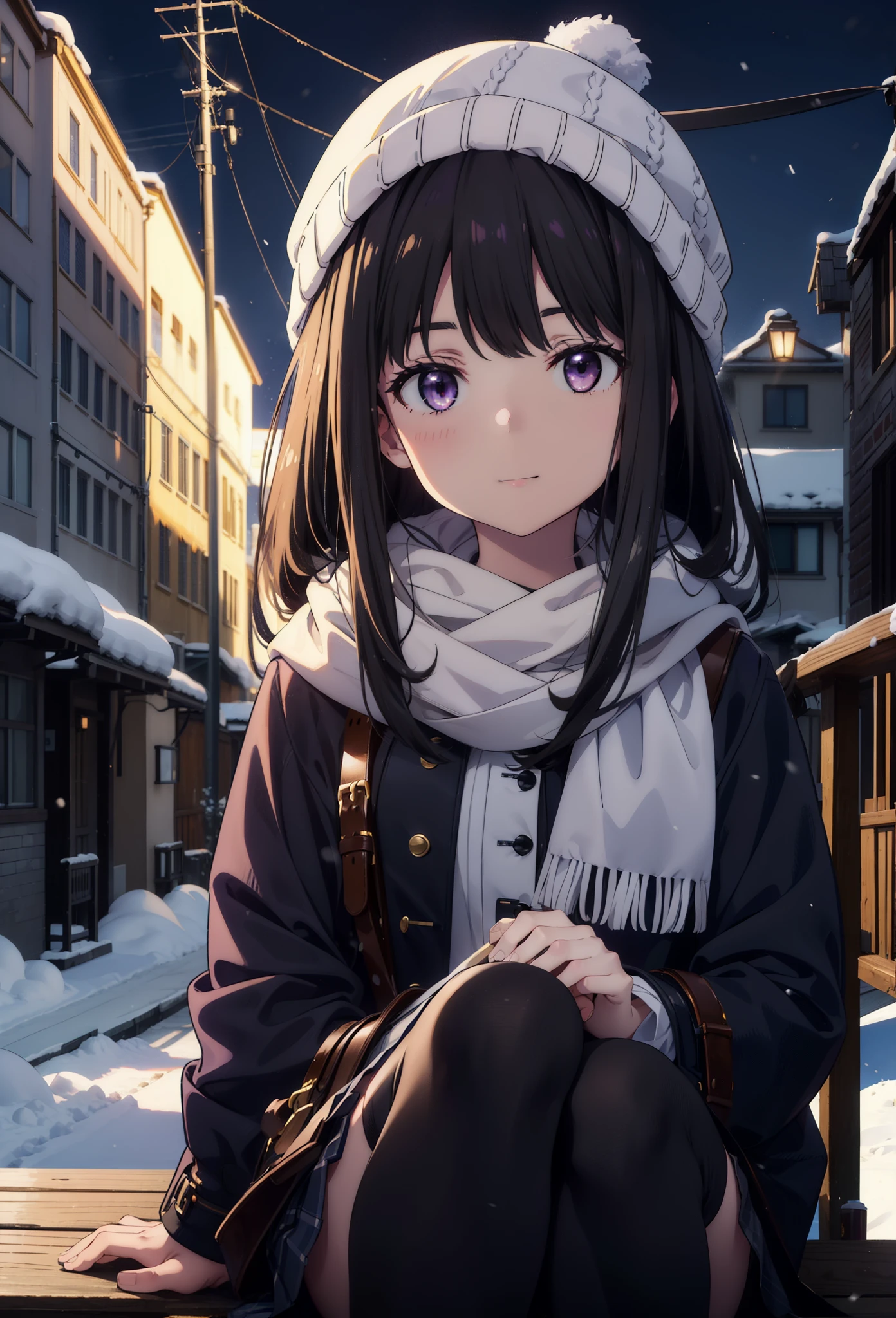 Takiuchikami,Long Hair, bangs, Black Hair, (Purple eyes:1.2),happy smile, smile, Open your mouth,Knitted hat,Long coat,White Sweater,White scarf,Long skirt,Black pantyhose,short boots,snowが積もっている,snowが降っている,winter,Cold Sky,night,moonlight,snow,snow,snow,snow,whole bodyがイラストに入るように,Walking,
break looking at viewer, whole body,
break outdoors, city,construction area,
break (masterpiece:1.2), Highest quality, High resolution, unity 8k wallpaper, (figure:0.8), (Beautiful attention to detail:1.6), Highly detailed face, Perfect lighting, Highly detailed CG, (Perfect hands, Perfect Anatomy),