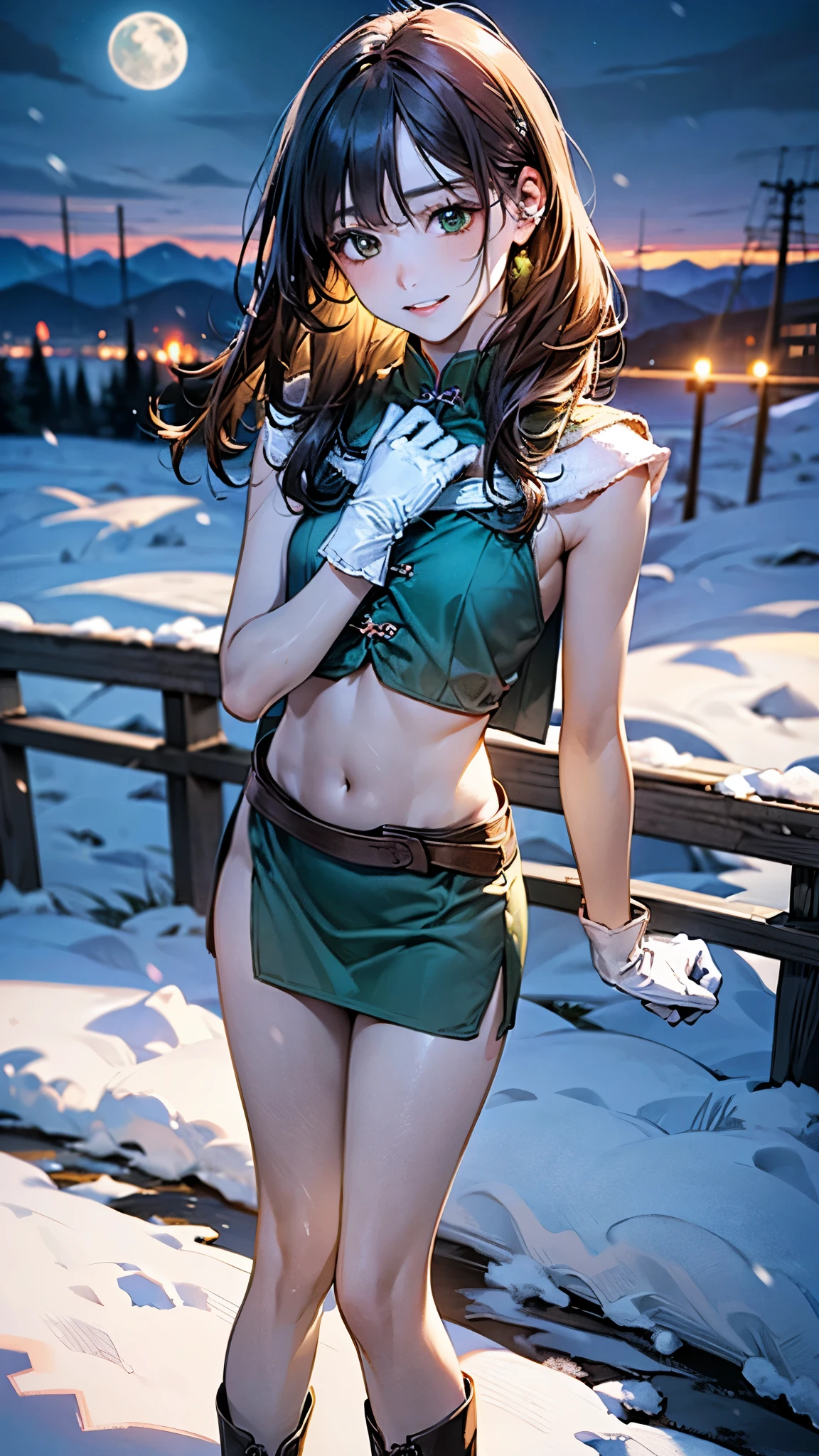 (masterpiece:1.3, top-quality, ultra high res, ultra detailed), (realistic, photorealistic:1.4), beautiful illustration, perfect lighting, natural lighting, cute girl, depth of fields, ((very slender:1.5)),Character is short.,green long hair, green eyes, white color dress, 12years old,tigh china dress, sleeveless, Turquoise blue short skirt, ((blue waist cloak)), Boy body type,Dark gray gloves, elbow Glove, (Navel-out), Black pantyhose, Brown waist belt,beautiful detailed hair, beautiful detailed face, beautiful detailed eyes, beautiful clavicle, beautiful body, beautiful chest, Slender thigh,(Thin legs:1.5), beautiful fingers, moe-e,
looking at viewer, full body, 1 girl, perfect face, (perfect anatomy, anatomically correct), cute and symmetrical face, babyface, shiny skin, bangs, slender, white_long boots,
(beautiful scenery), evening, mountain, snow, winter, snowflakes, dynamic pose, (seductive smile, upper eyes, parted lips),Moon