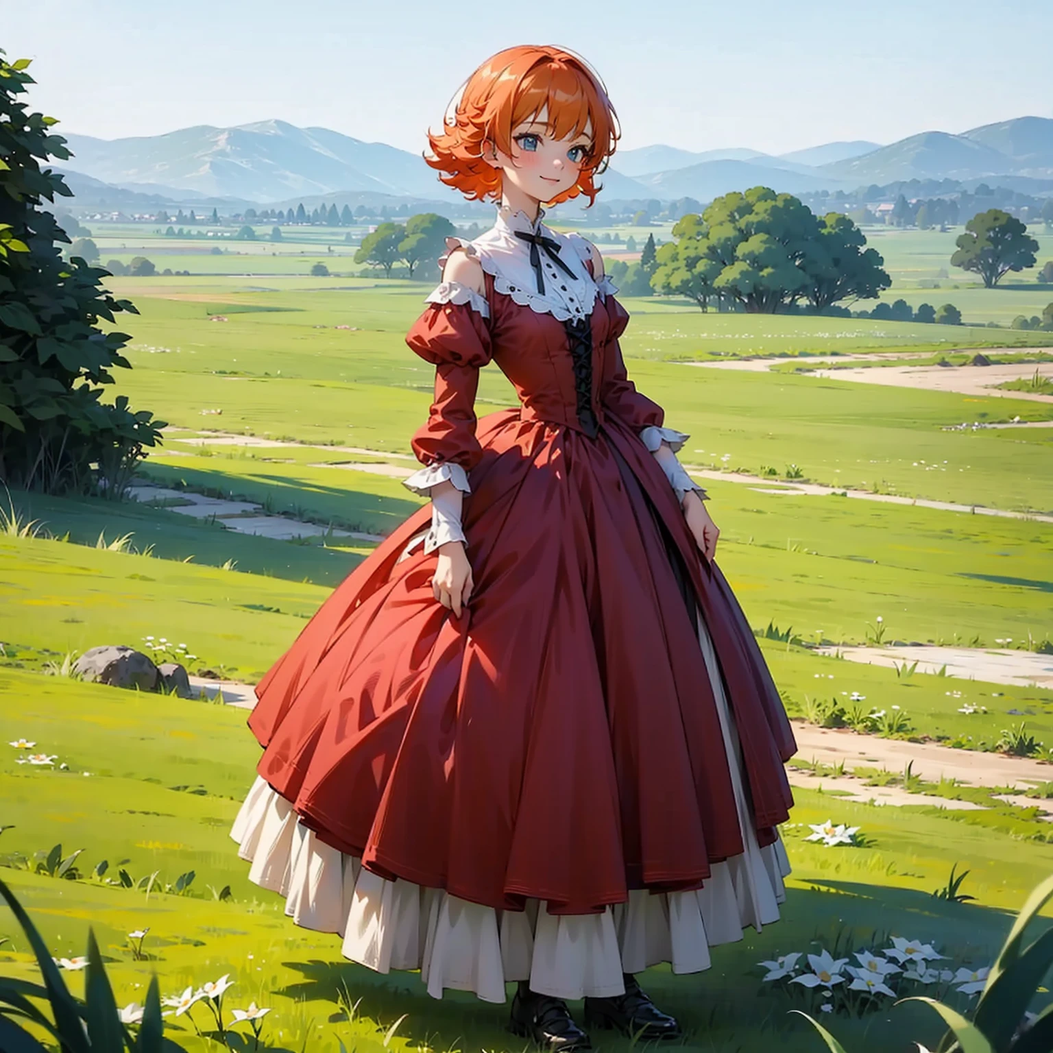 (solo, kid girl), (red dress), (victorian dress), (smile), pale skin, (pale), outdoors, small breasts, happy, radiant glow, (cowboy shot), (holy aura), orange hair, ginger hair, bare shoulders, greenlands, open plains for background, (full body version), detailed background 