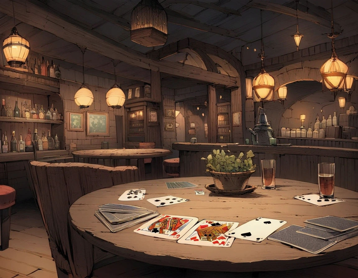 ((((masterpiece, Highest quality, High resolution)))),High detail, manga,anime,Illustration Style,Empty game background,Dark and calm night colors,Arranged playing cards,ポーカーをするためのpub,Game fantasy world view,Extremely detailed 8K, High detail, pub,Table at the liquor store,Devoid of humans,A table with playing cards,