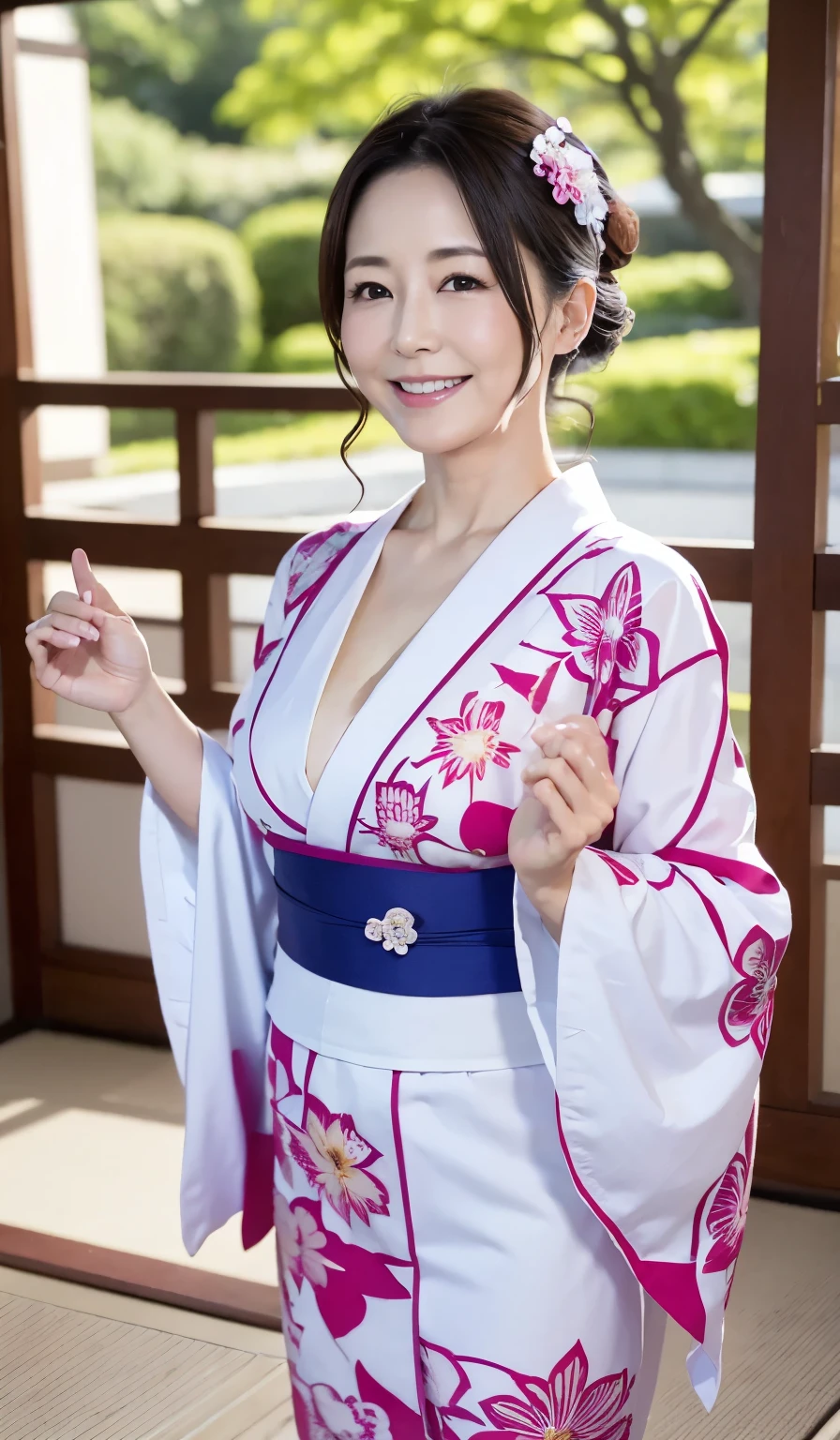 Beautiful Japanese Women、Beautiful Mature Woman、Classy sex appeal、sexy、Perfect Lighting、Beauty、Transparent beauty、8K High Resolution、Beauty in natural light、High resolution、Photorealistic、Masterpiece、smile、Gravure quality、55-year-old Mrs.、Plump body shape、Walking in a yukata、Summer festival fair、squat