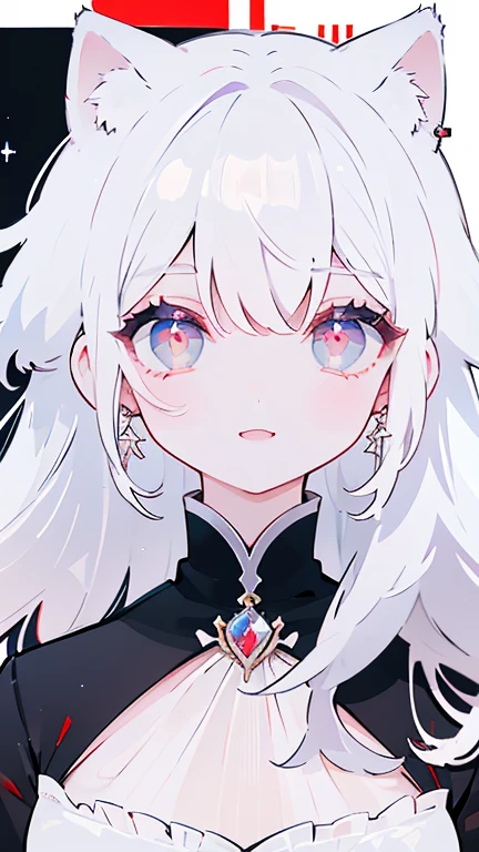 Half-length photo，girl，White hair，Lovely eyes，Cat ears，Top quality，Can see the ears，Wear earrings，confidence，Smile，Red eyes，Side face，Leaky ears